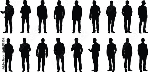 Sixteen business silhouettes in various poses, ideal for corporate themes, body language studies, team icons, and professional design elements