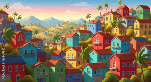 Colorful hillside town with vibrant houses and palm trees, a picturesque landscape painting.
