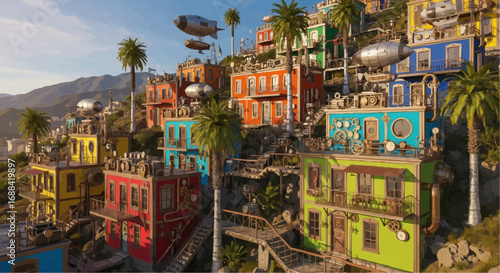 Vibrant hillside town with colorful buildings and airships.