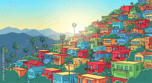 A vibrant hillside neighborhood with colorful houses and palm trees under a bright sky.