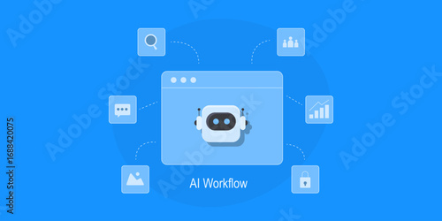 AI virtual robot showcasing autonomous multitasking capabilities connected with core business function and workflow on abstract blue technology background. 