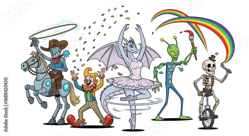 Whimsical characters performing together, a delightful and colorful illustration for creative projects