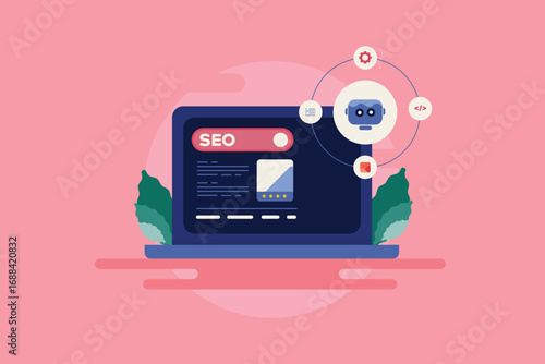 SEO ranking results and AI overview data on laptop screen highlights search intelligence algorithm.
