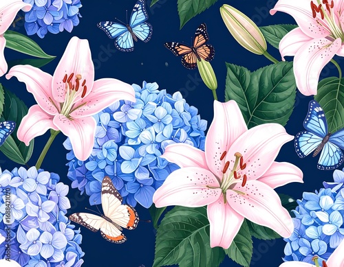 A floral seamless pattern of pink lilies, blue hydrangeas, and butterflies on a dark background. Detailed botanical illustration