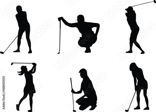 Silhouette golfers playing golf, male and female athletes practicing swings, putting, and stance with golf clubs outdoors