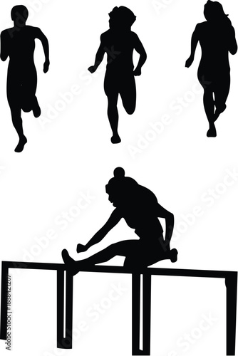 Silhouette of runners and hurdler, athletic motion, track and field sport, black figures, white background, competition, sprinting