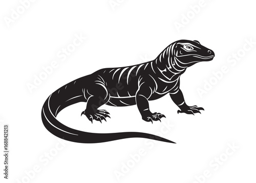 Komodo dragon reptile silhouette, vector illustration of exotic wildlife animal in black simple graphic design.