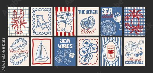 Sea summer posters beach coast ocean in minimalist. Wall decor, trendy banners of vibe, fruits, plants, cocktails in the cartoon. Decor of wallpaper, walls, print and postcard