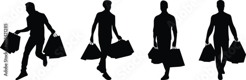 Silhouette of shoppers walking, carrying shopping bags, retail consumer behavior, commerce lifestyle, black figures on white background