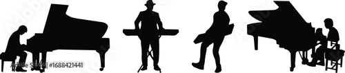 Silhouette, musician, piano, keyboard, performance, music, seated, standing, hat, stool, posture, black, white, artistic, sound, expression, instrument, play