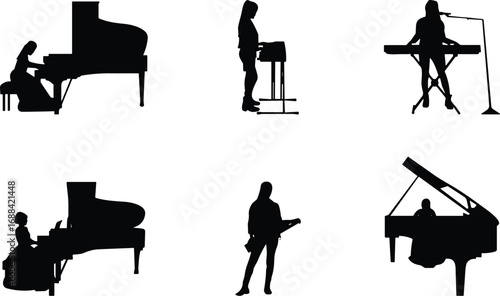 Silhouette, musician, piano, keyboard, guitar, microphone, performance, music, seated, standing, dress, posture, black, white, artistic, sound, expression