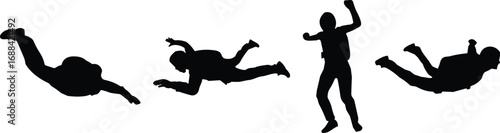 Silhouette, skydiver, freefall, parachute, motion, air, extreme, sport, flight, posture, black, white, adrenaline, jump, coordination, outdoor, action
