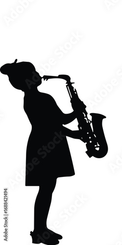 Silhouette, saxophone, musician, music, performance, jazz, female, standing, dress, bun, artistic, black, white, sound, solo, expression, elegance