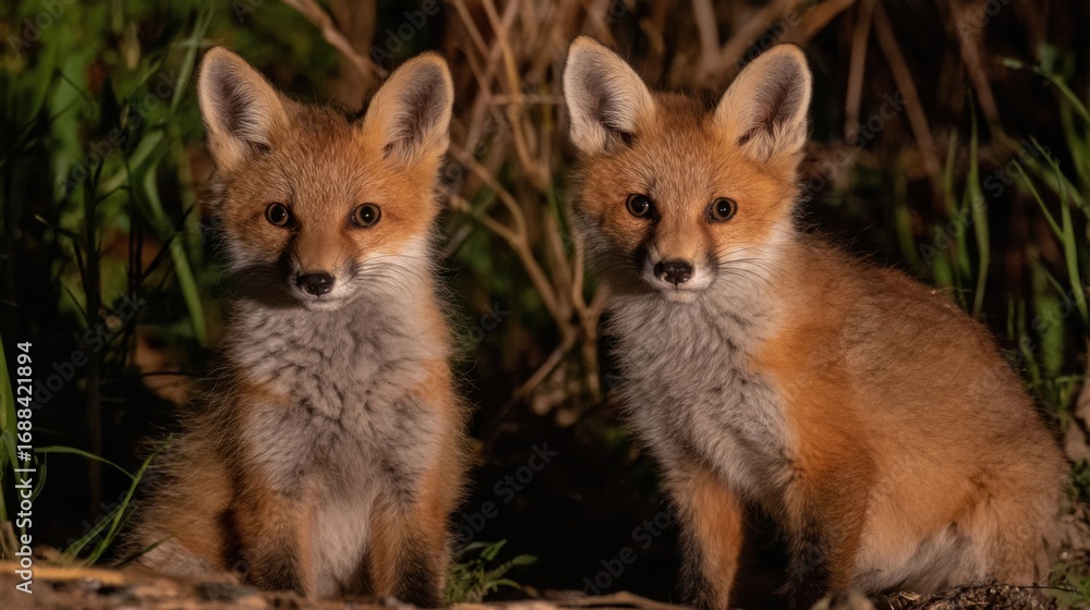 Obraz premium Two young red foxes are sitting side by side in the warm evening light, surrounded by tall grass. Their fur is bright and they appear curious and alert in their natural habitat.