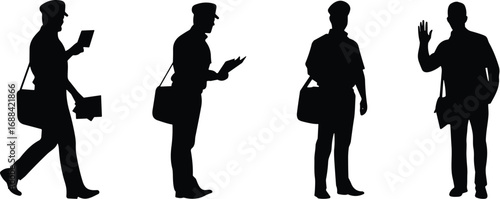 Silhouettes of mail carriers with bags, delivering letters, walking and waving, black figures, white background, postal service, motion