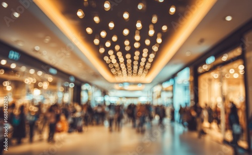 Wallpaper Mural Blurred image showing people inside a brightly lit shopping mall with many shops and an elaborate ceiling lighting structure Torontodigital.ca