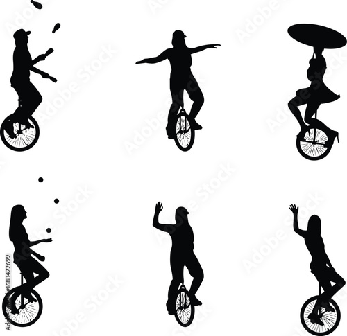 Unicycle rider silhouettes juggling, balancing, waving, holding surfboard, performing tricks, circus skills, isolated on white background