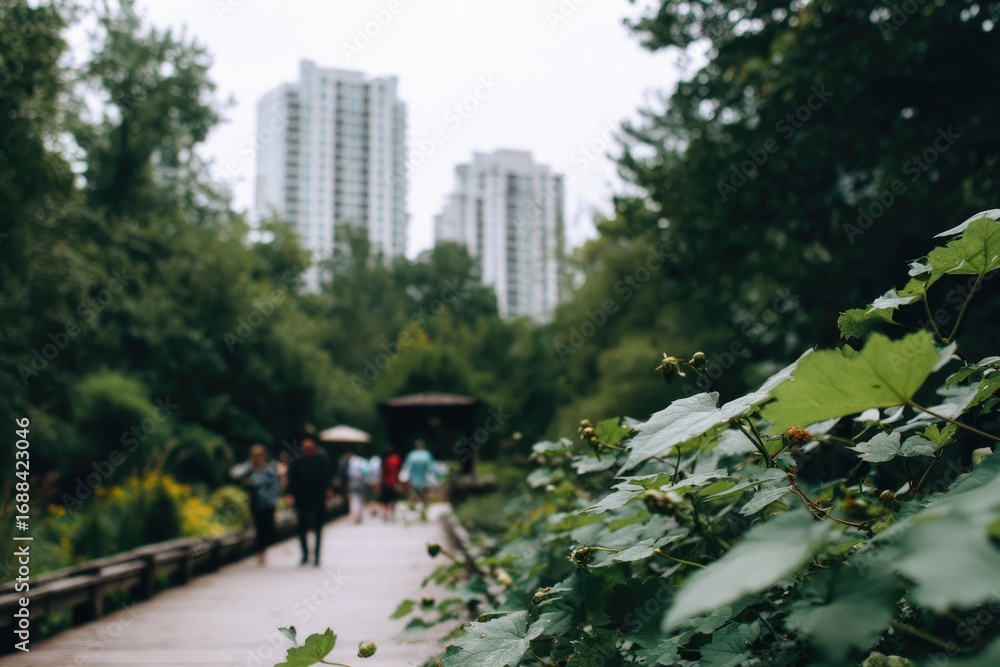 Obraz premium Blurred perspective of a pedestrian walkway through a lush park, with tall buildings visible in the distance on an overcast day
