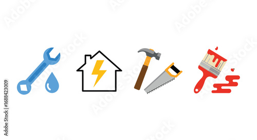 Essential home repair icons showcasing plumbing electrical carpentry and painting for DIY projects and renovation inspiration, Generative AI.