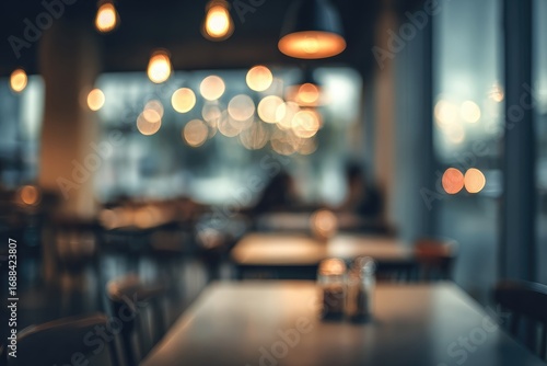 Wallpaper Mural Blurred interior showcasing warm light spilling onto tables within a cafe, creating a cozy and soft bokeh effect Torontodigital.ca
