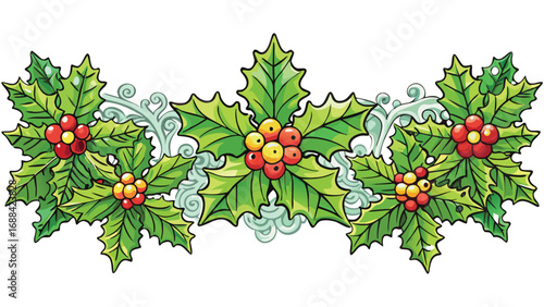 A classic Christmas decoration, this festive green holly wreath with red berries and leaves is a perfect holiday accent