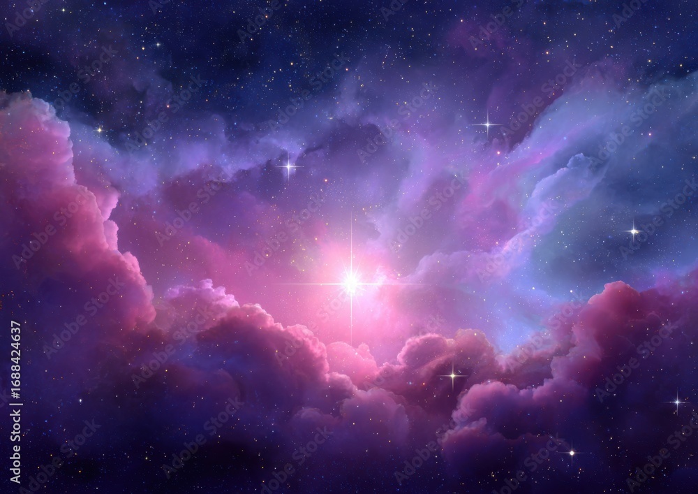 Fototapeta premium Cosmic clouds of vibrant pink and purple, filled with stars