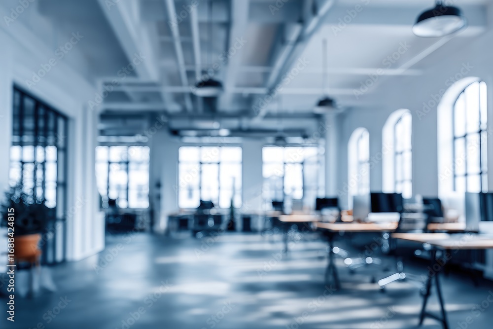 Fototapeta premium A blurry, bright open-plan office with arched windows, desks, and plants, featuring a cool-toned monochrome aesthetic and overhead pipes