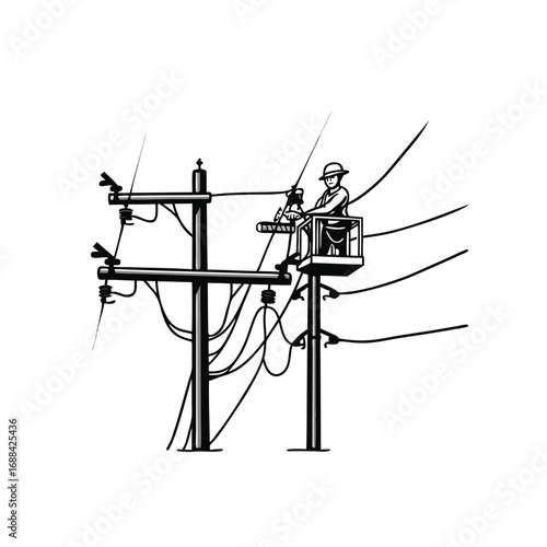 Lineman in bucket truck working on power lines electricity