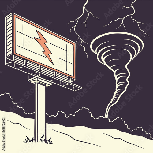 Billboard and Tornado Under a Dramatic Night Sky