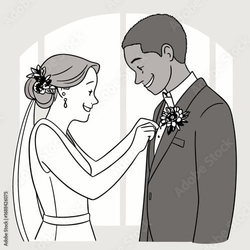Bride Fastening Groom's Boutonniere Wedding Day Illustration