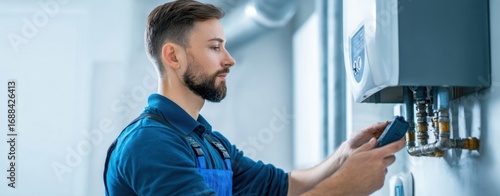The Boiler Technician Inspecting a Wall-Mounted Unit in a Modern Home
