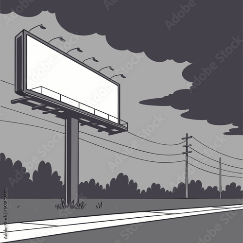 Grayscale Landscape with Blank Billboard and Power Lines