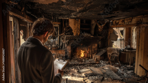 Wallpaper Mural A man is looking at a clipboard in a room with a fireplace Torontodigital.ca