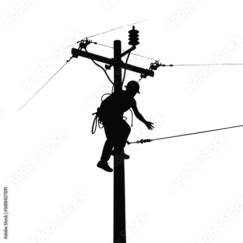 Lineman silhouette working on utility pole electrician