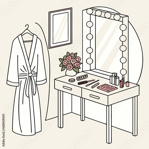 Minimalist Vanity Setup with Bathrobe and Roses