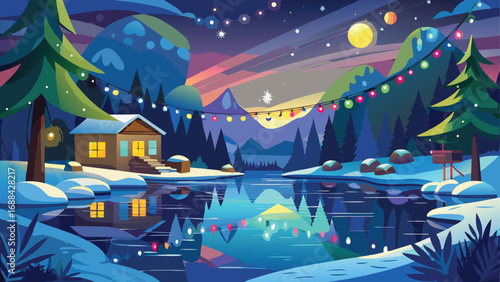 A magical Christmas night scene of a cozy house in a winter village with a decorated tree under a starry sky