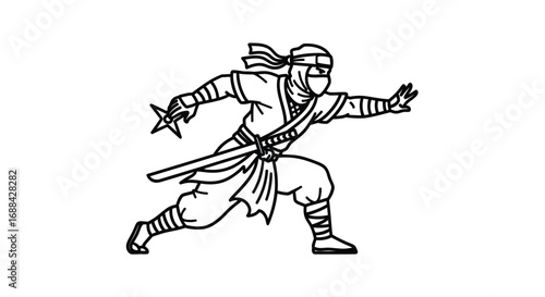 Black and white line art illustration of a ninja warrior in a dynamic combat pose with a shuriken.