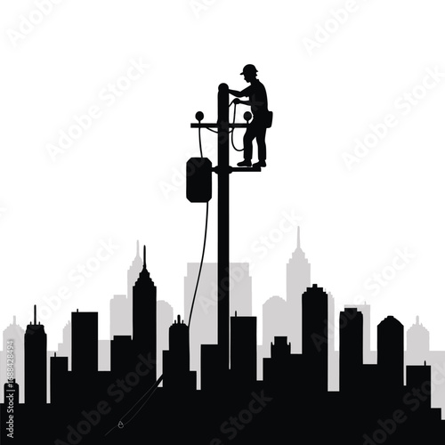 Lineman silhouette working on utility pole over city skyline 1
