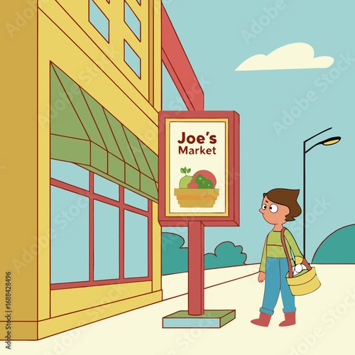 Person Walking Past a Produce Market on a Sunny Day