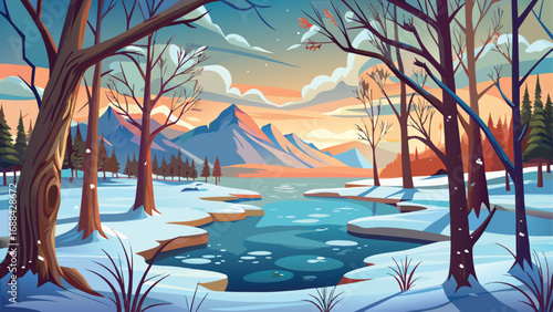 Golden light bathes the natural landscape of a winter forest, reflecting a vibrant sunset on the calm lake water