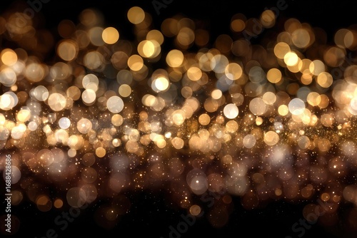 Blurred golden lights create a magical, sparkling atmosphere against a dark background. A festive mood is conveyed with the bokeh effects