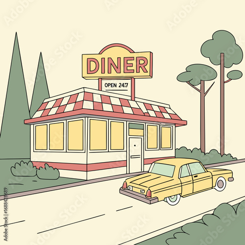 Retro Diner Illustration with Yellow Classic Car