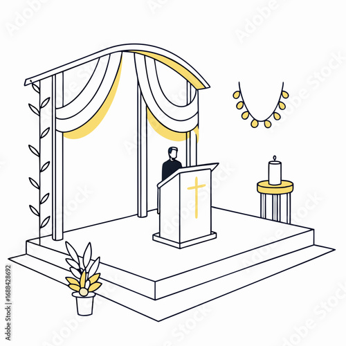 Religious Ceremony Illustration:  A Priest at a Podium in a Simple Church Setting