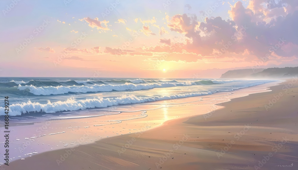 Obraz premium A tranquil beach scene at sunset, showcasing gentle waves lapping at the shore, with soft pastel colors and a serene ambiance.