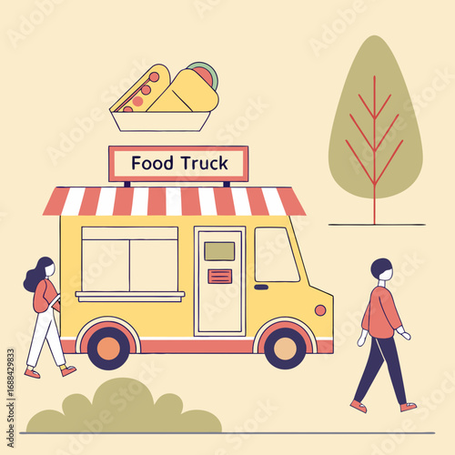 Yellow Food Truck Illustration with People Walking in a Park