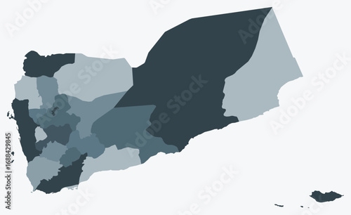 Map of Yemen with regions. Just a simple country border map with region division. Blue grey color palette. Plain Yemen shape with administrative division. Vector illustration.