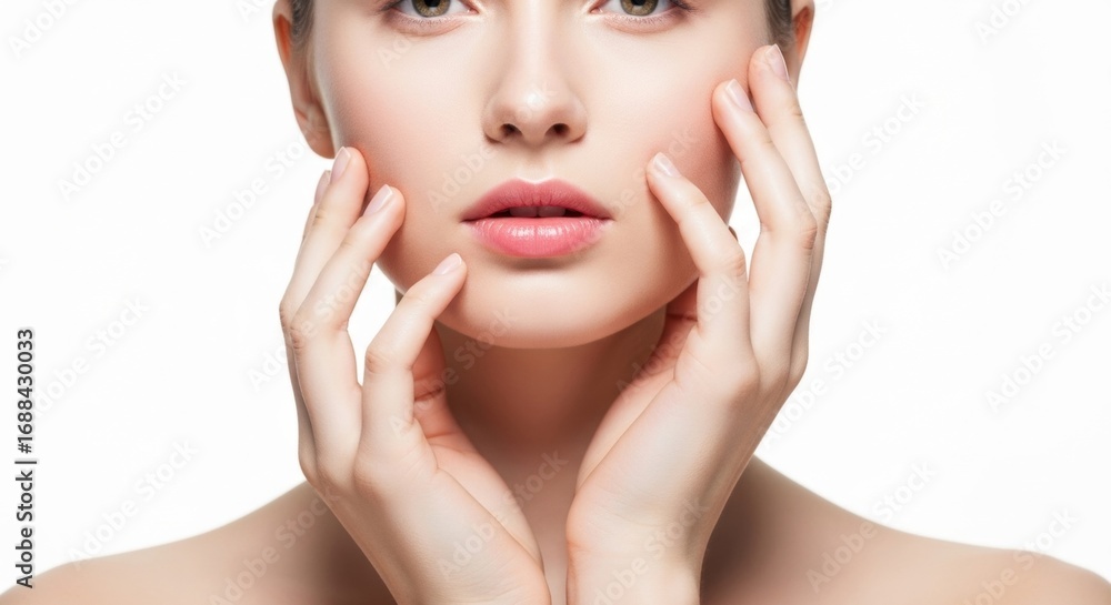 Fototapeta premium Flawless Beauty: Close-Up of Woman's Face with Gentle Hand Touch, Isolated on White