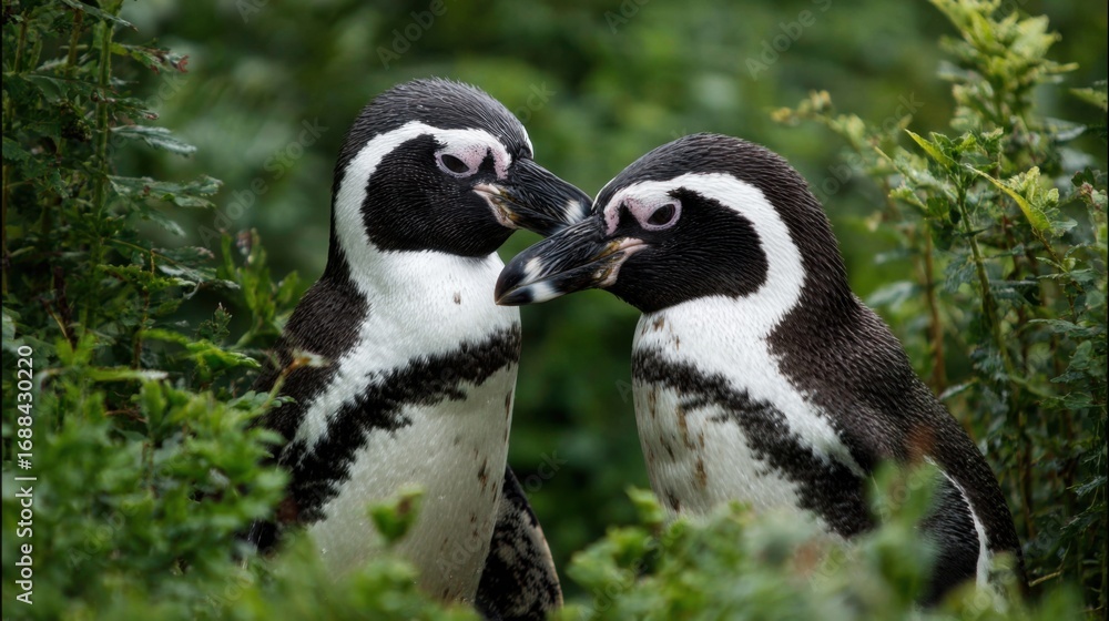 Obraz premium Two penguins engage in a gentle interaction amidst vibrant greenery, exhibiting signs of affection. This moment captures the charm of their natural behavior in a serene environment.