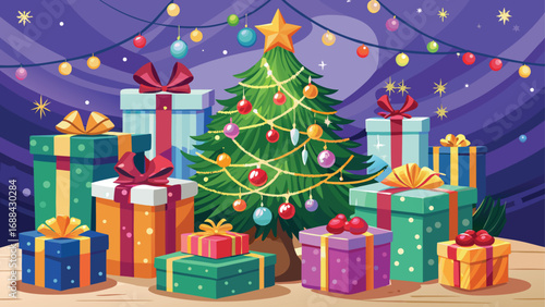 A vibrant illustration of a decorated Christmas tree surrounded by colorful gifts and festive ornaments, perfect for holiday celebrations