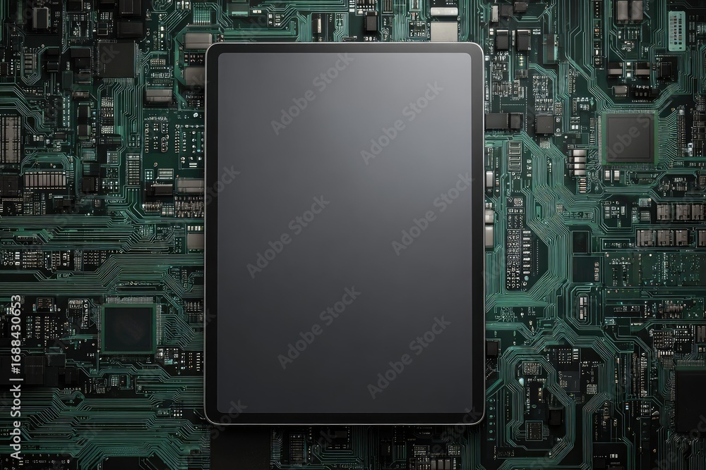 Fototapeta premium A dark gray tablet rests on a teal circuit board, its blank screen contrasting with the intricate technological backdrop. The image is a high-angle, close-up shot